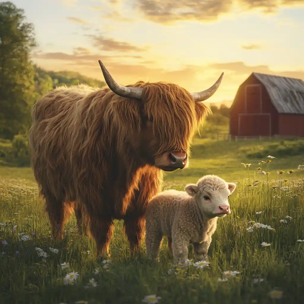 Highland calf nursing from mother in golden farm field