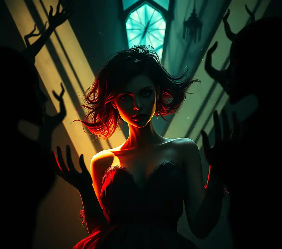 Surreal woman in fractured shadow world of dark comedy