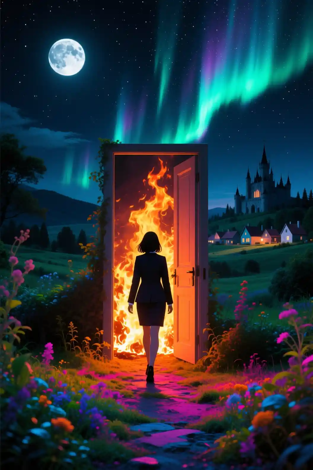 Girl silhouette walking toward a fiery portal at night