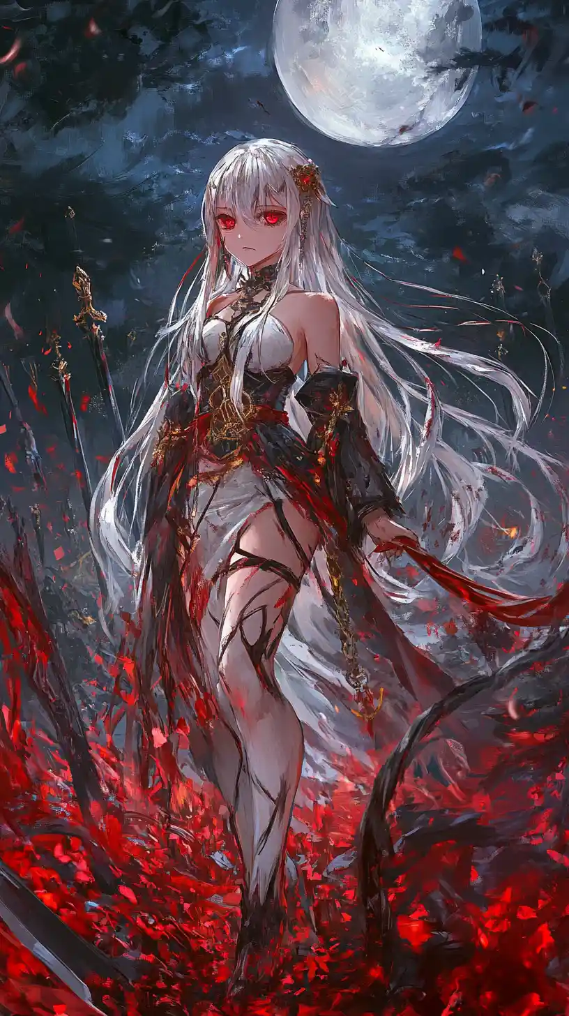Sad anime girl walking through a field of swords
