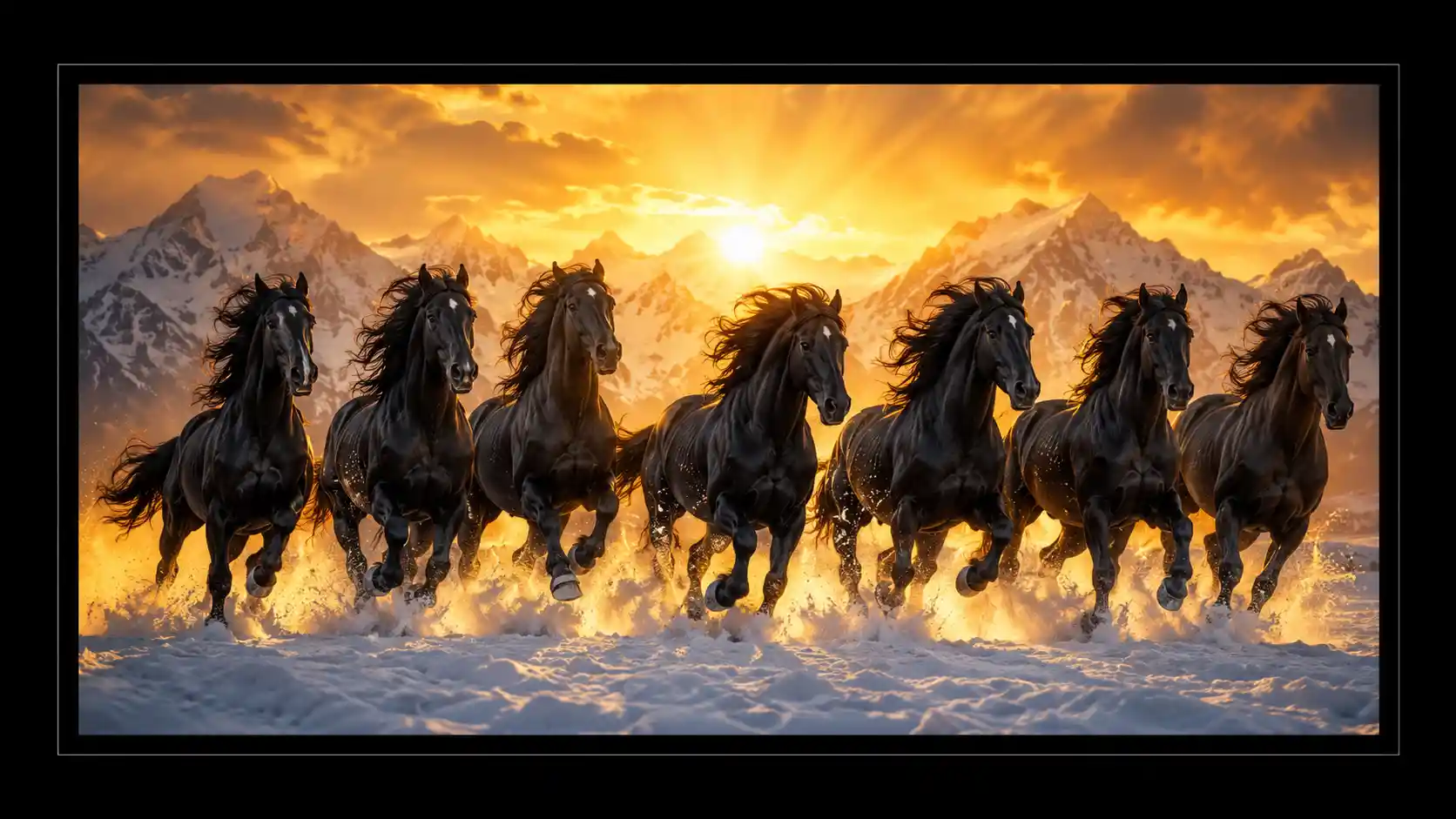Black horses galloping across a glowing snowy sunrise field