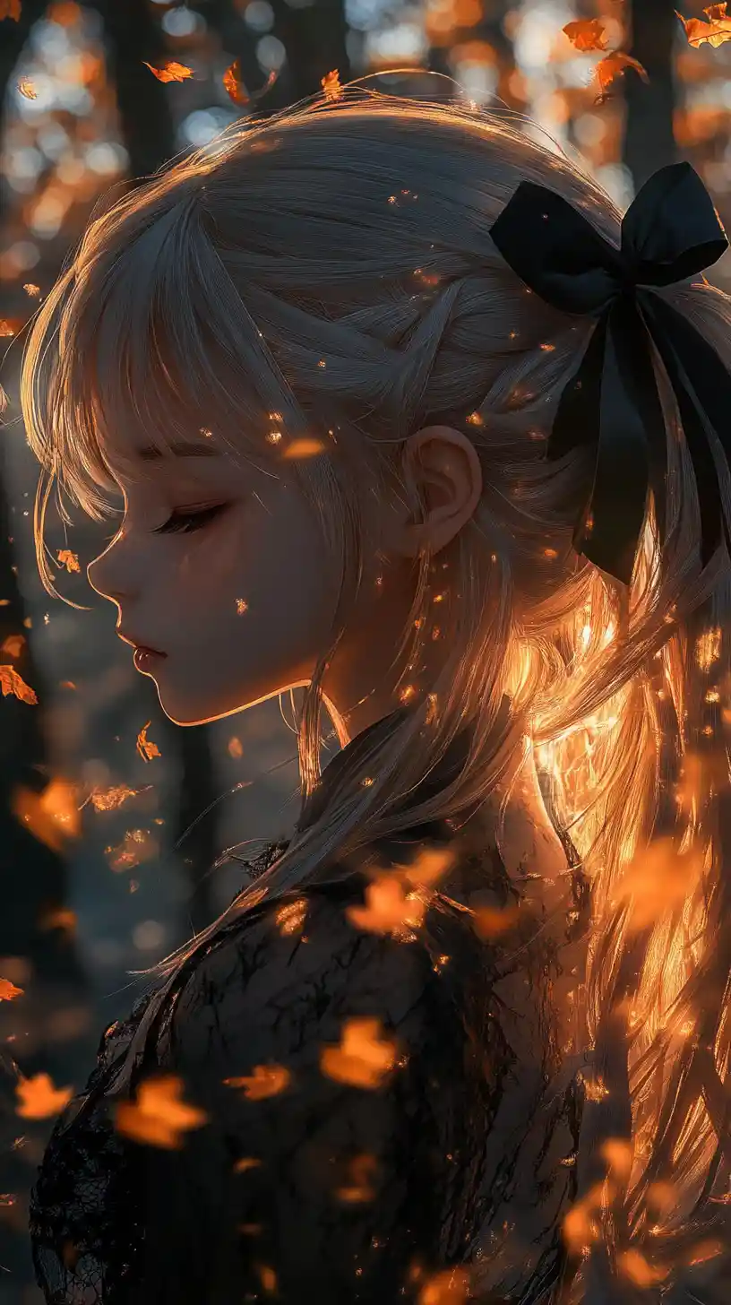 Anime girl in a serene forest with glowing sunset