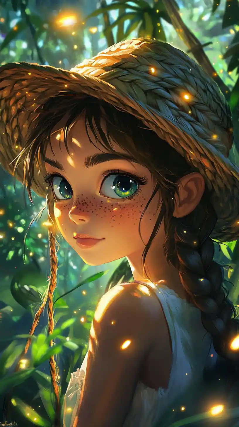 Anime girl in a glowing firefly forest portrait