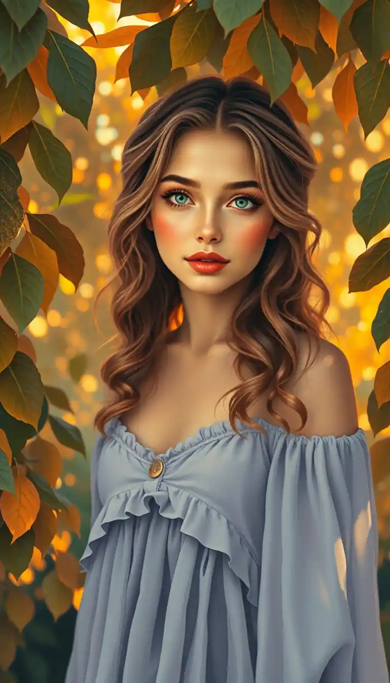 Woman in lilac dress standing in a glowing orchard