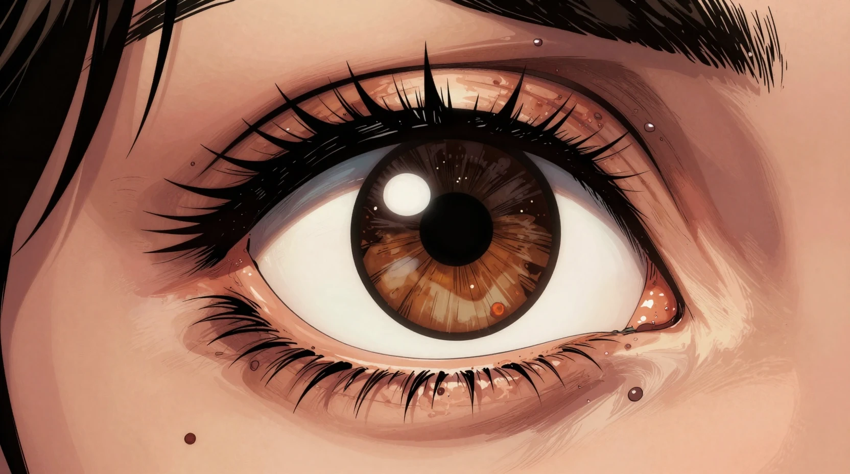 Extreme close up of a brown eye with burned scarred skin