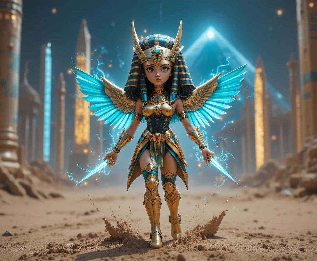 Egyptian sci fi heroine in scarab armor over futuristic Cairo