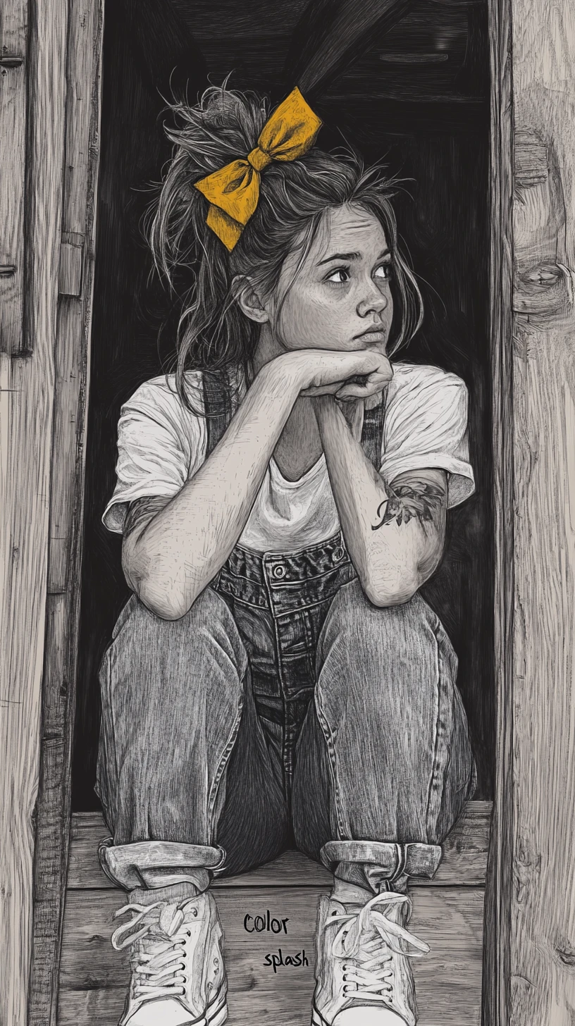 Pensive girl in overalls sitting in a rustic doorway