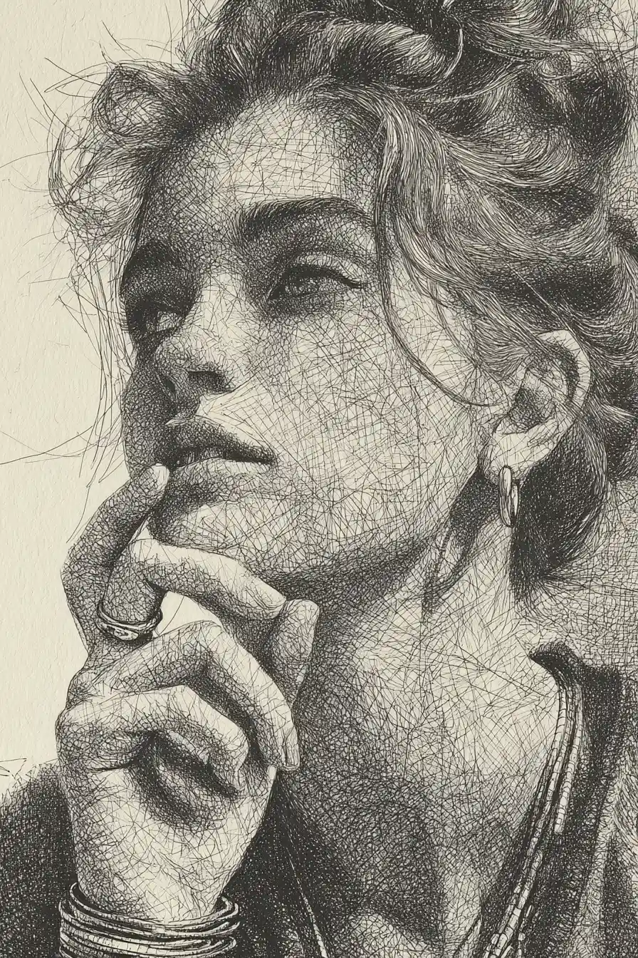 Thoughtful woman portrait in detailed ink line drawing
