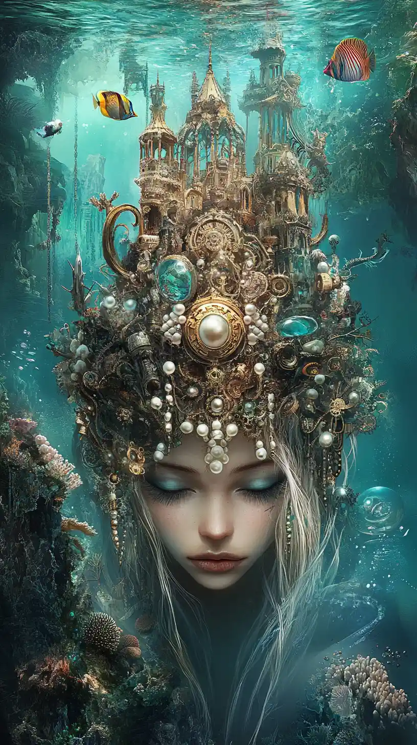 Siren queen on an enchanted island with steampunk crown