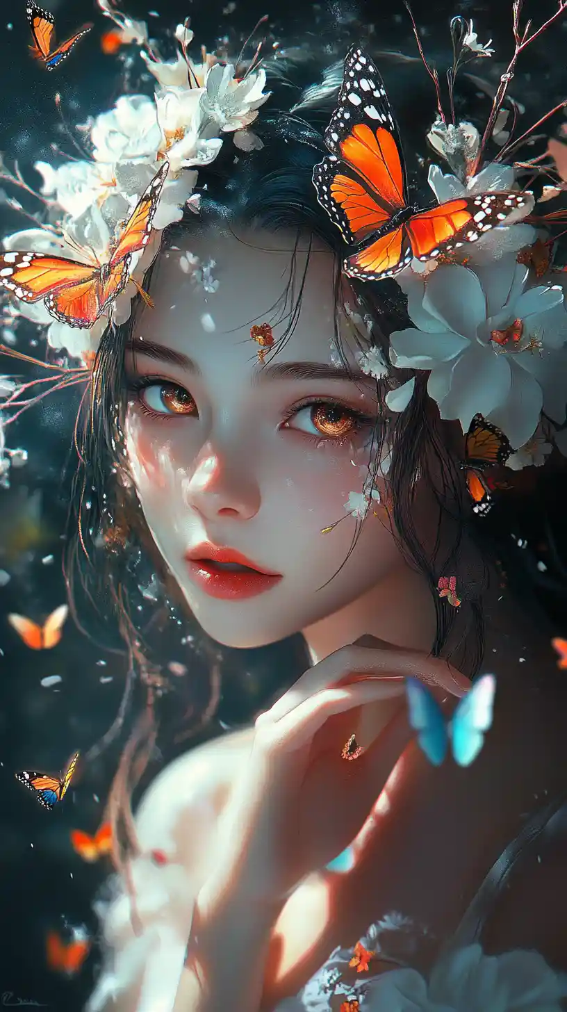 Anime girl with floral butterfly headdress in glowing portrait