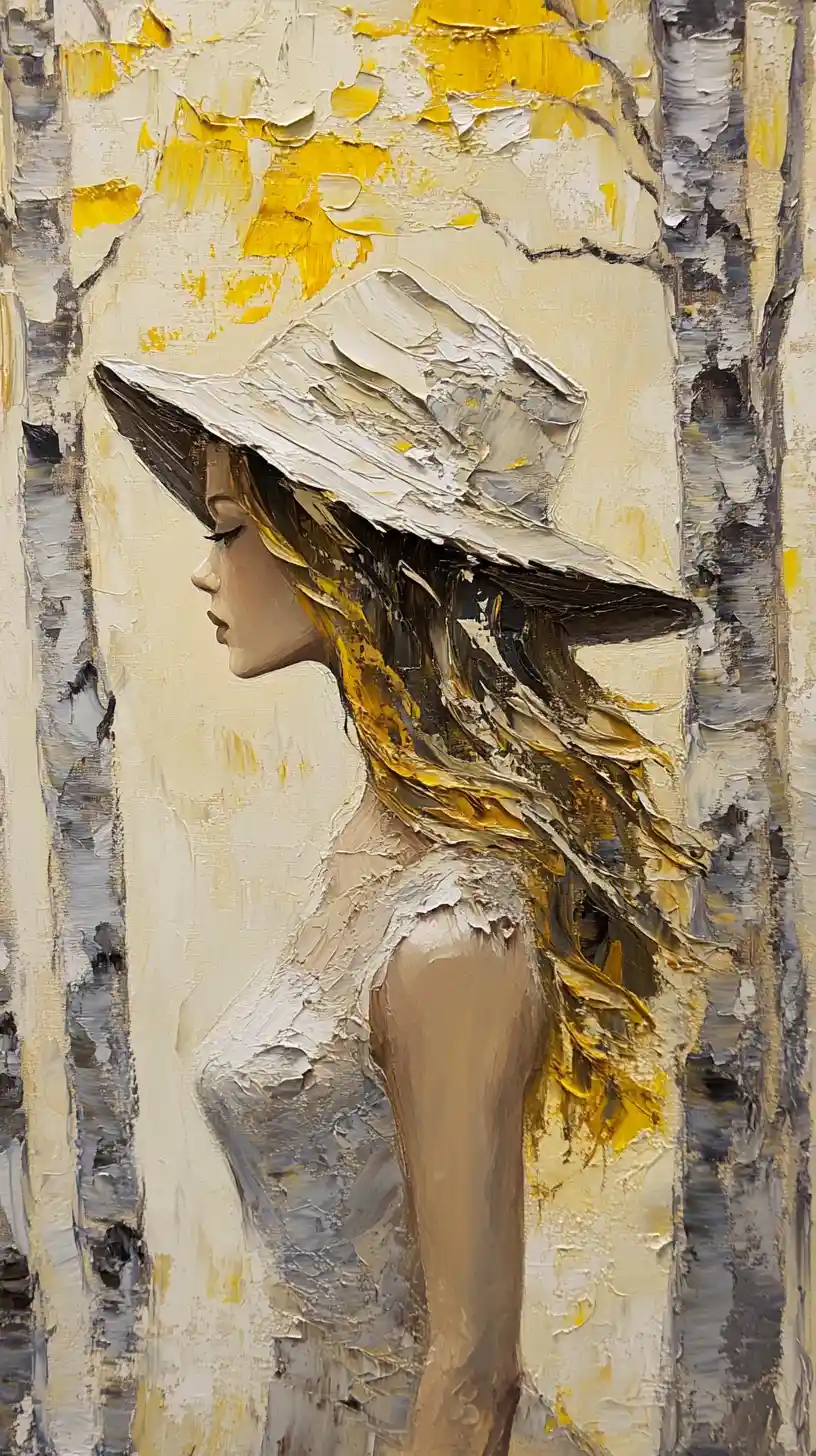 Elegant woman in hat in surreal birch forest painting