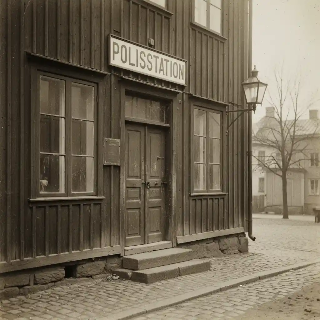 Old Swedish police station in nostalgic vintage photograph