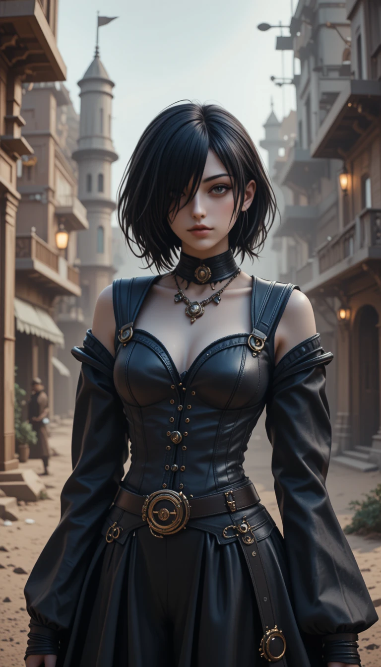 Young girl in black outfit in a fantasy steampunk city