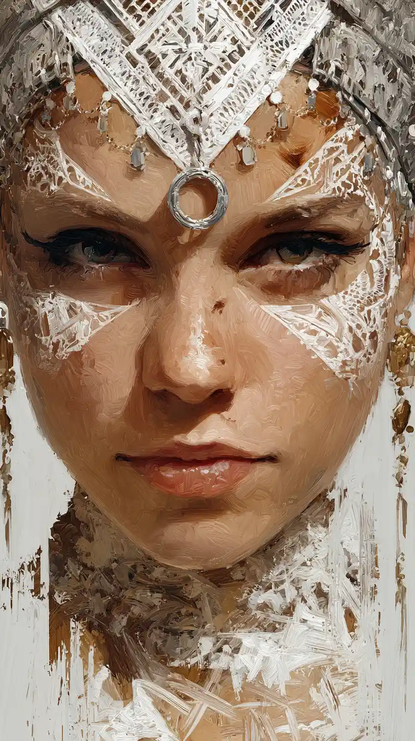 Impressionist close up of a woman in ornate eastern headdress