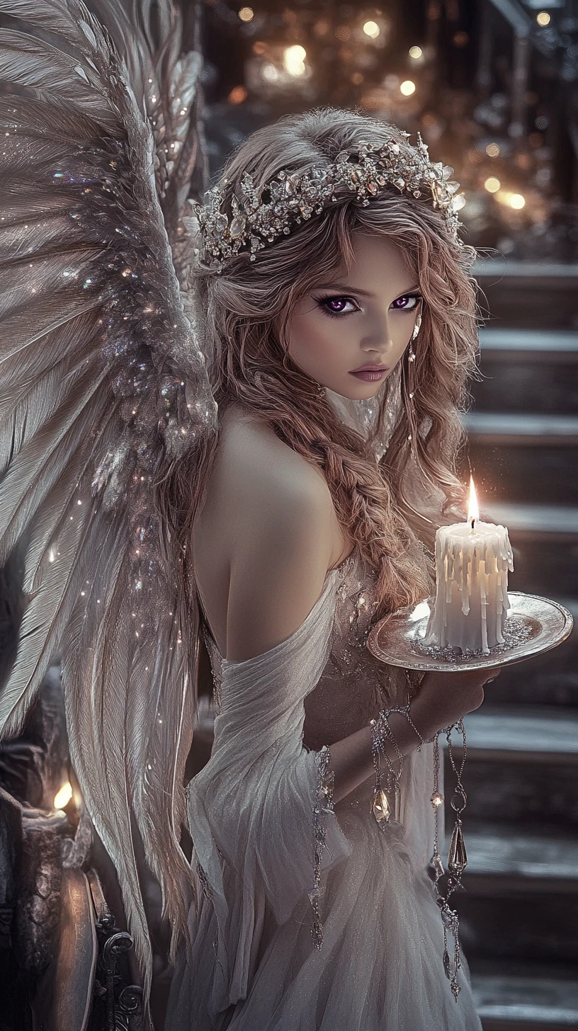 Whimsical fairy with jeweled wings holding a glowing candle