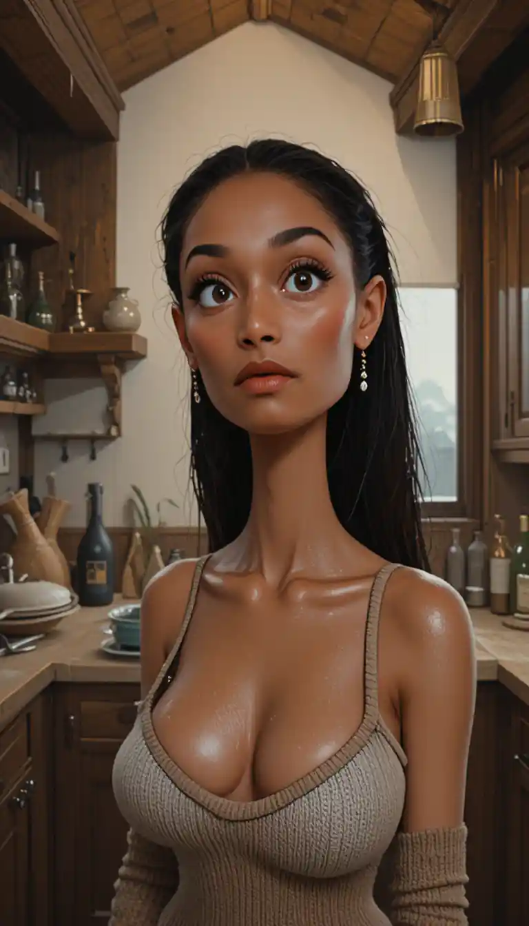 Brunette woman posing in a rustic chalet kitchen