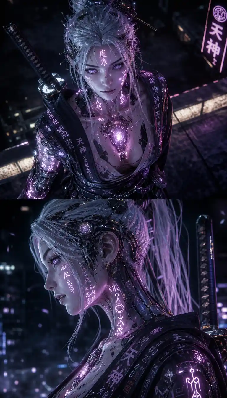 Cyberpunk warrior woman with glowing runic tattoos