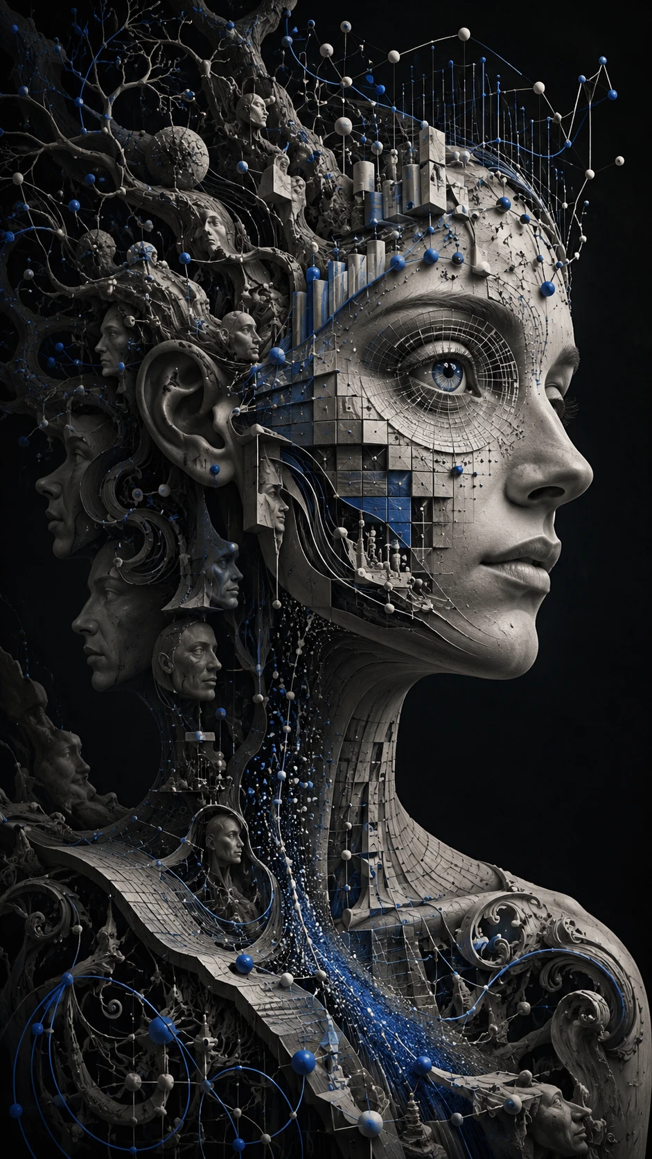 Surreal portrait of a woman shaped from data and code