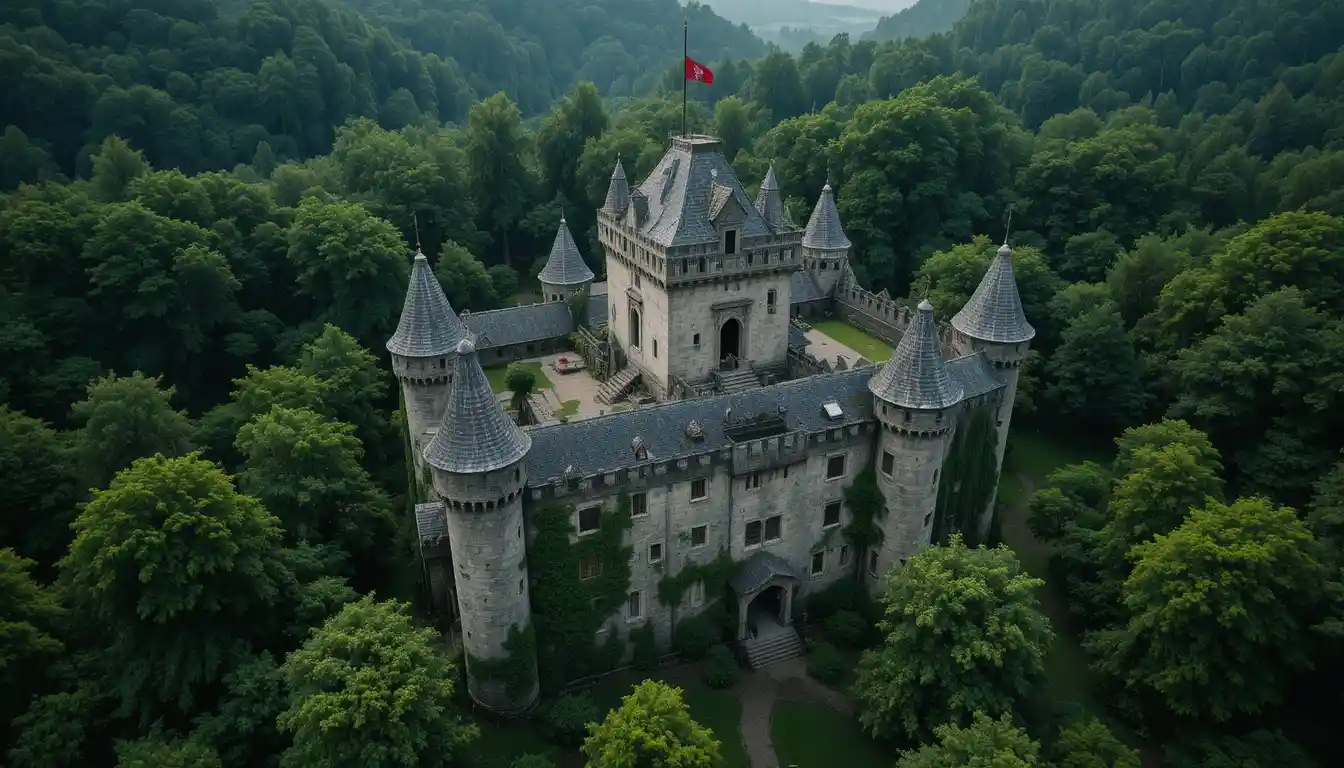 Medieval stone castle hidden deep in a lush forest
