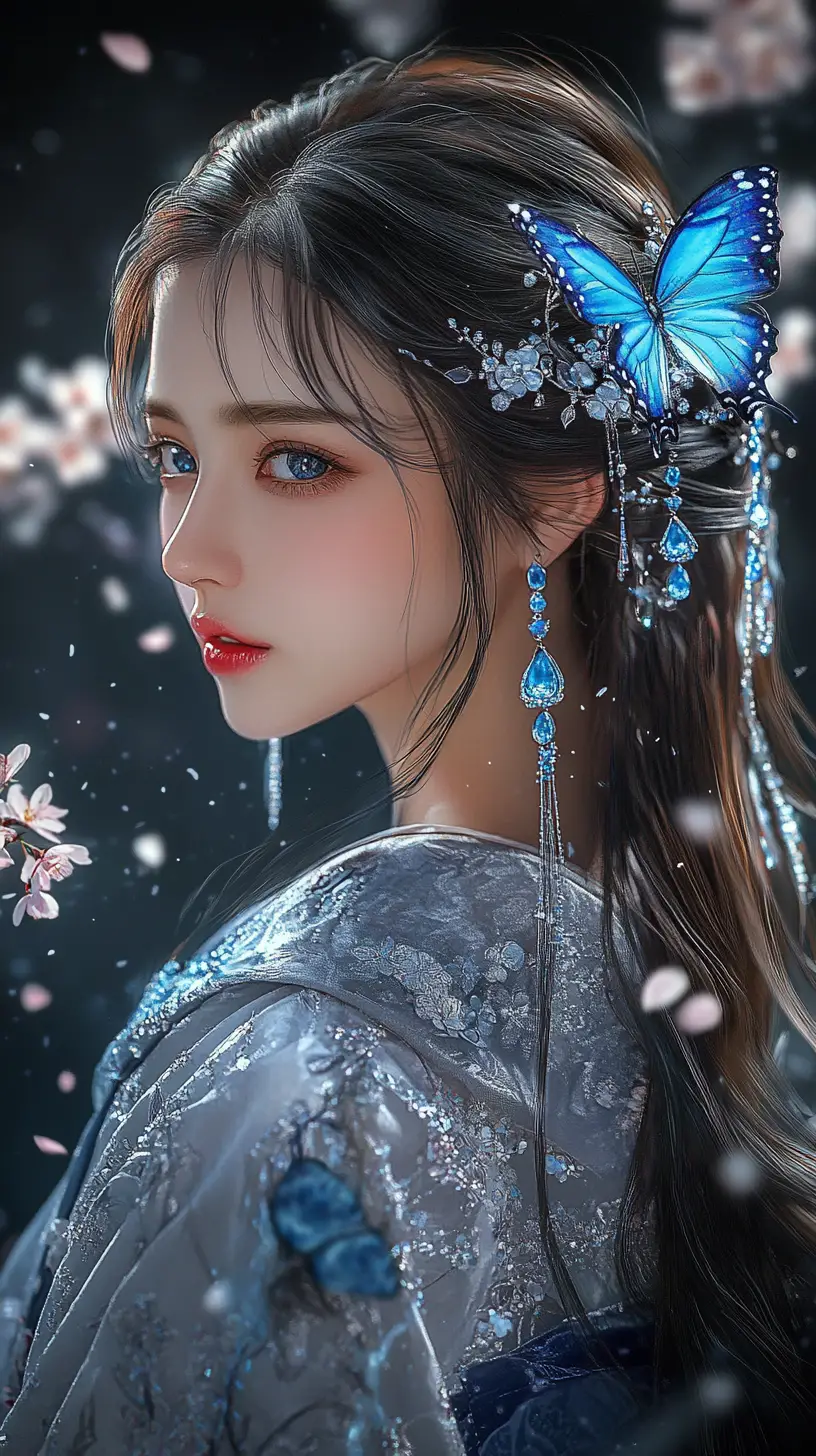 Elegant anime girl in silver kimono among cherry blossoms