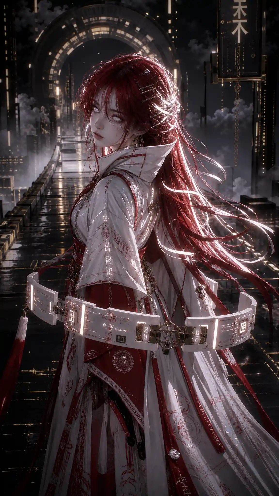 Femme d’anime sur un chemin cyberpunk lumineux en style 3D