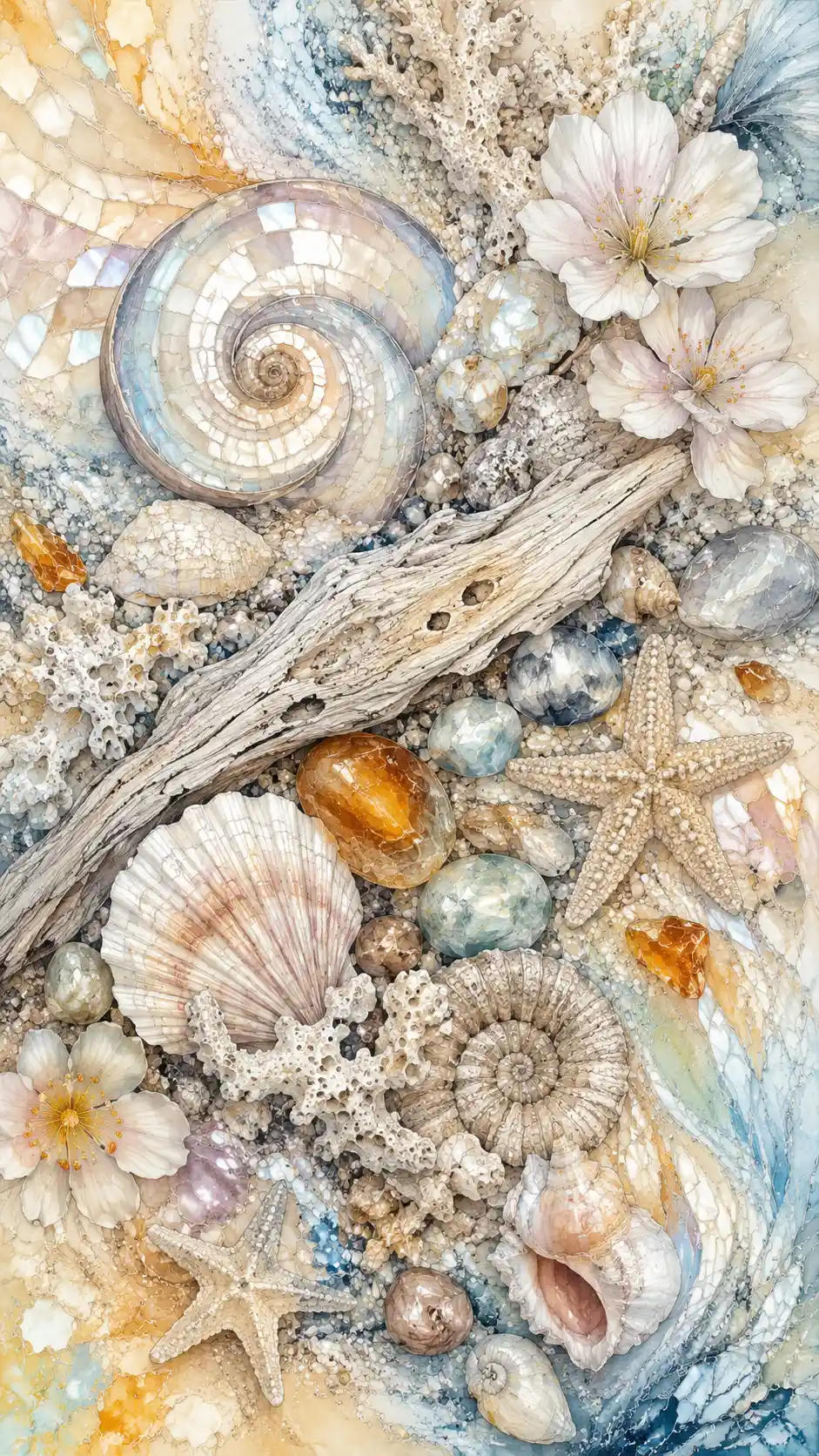 Close up mosaic of seashells coral amber and driftwood
