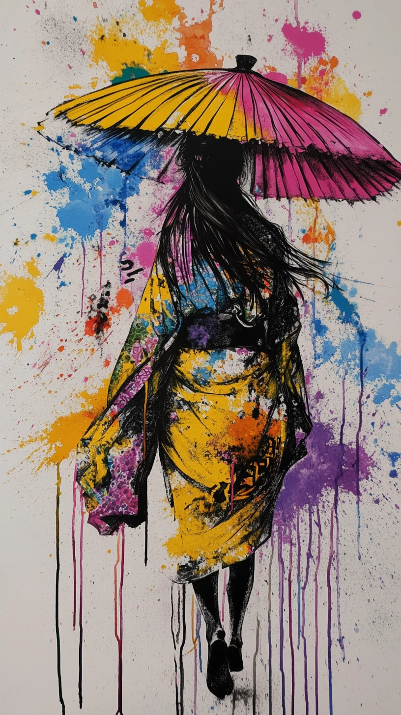 Elegant woman with colorful umbrella in watercolor motion