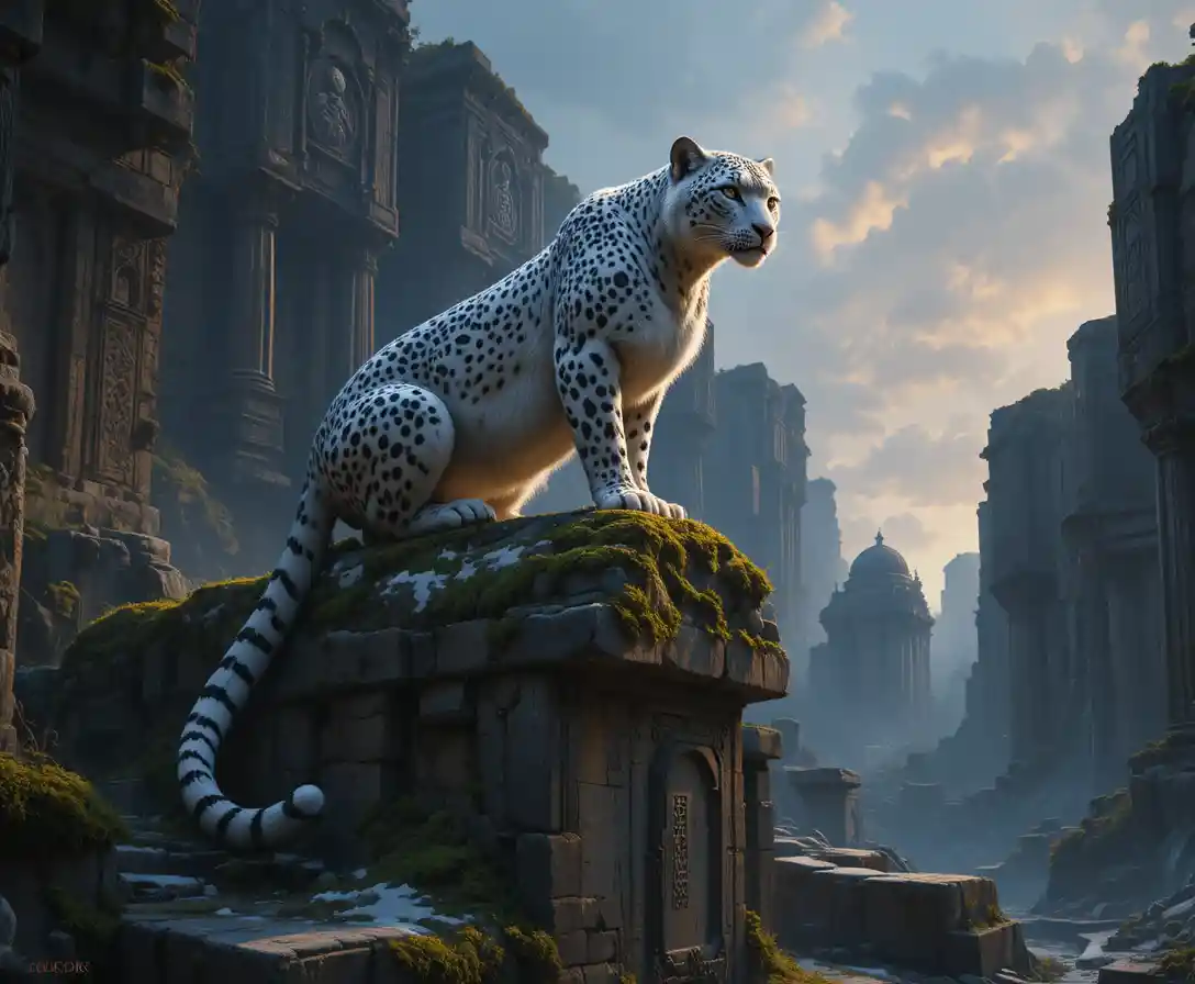 Snow leopard on ancient ruins at twilight in concept art