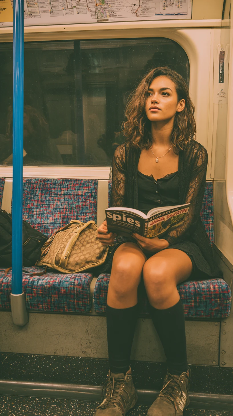 Young woman reading on the London subway train