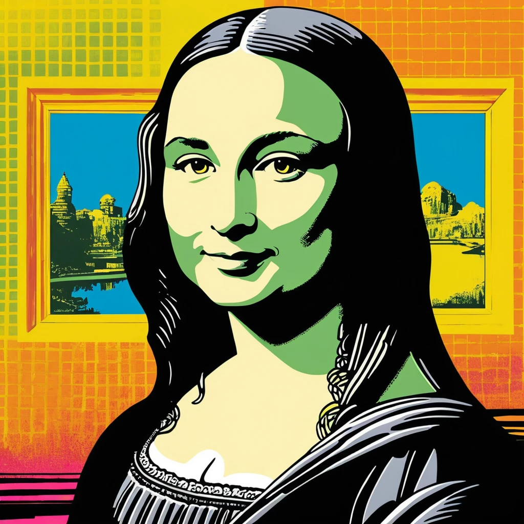 Pop art Mona Lisa portrait in bold neon grid style
