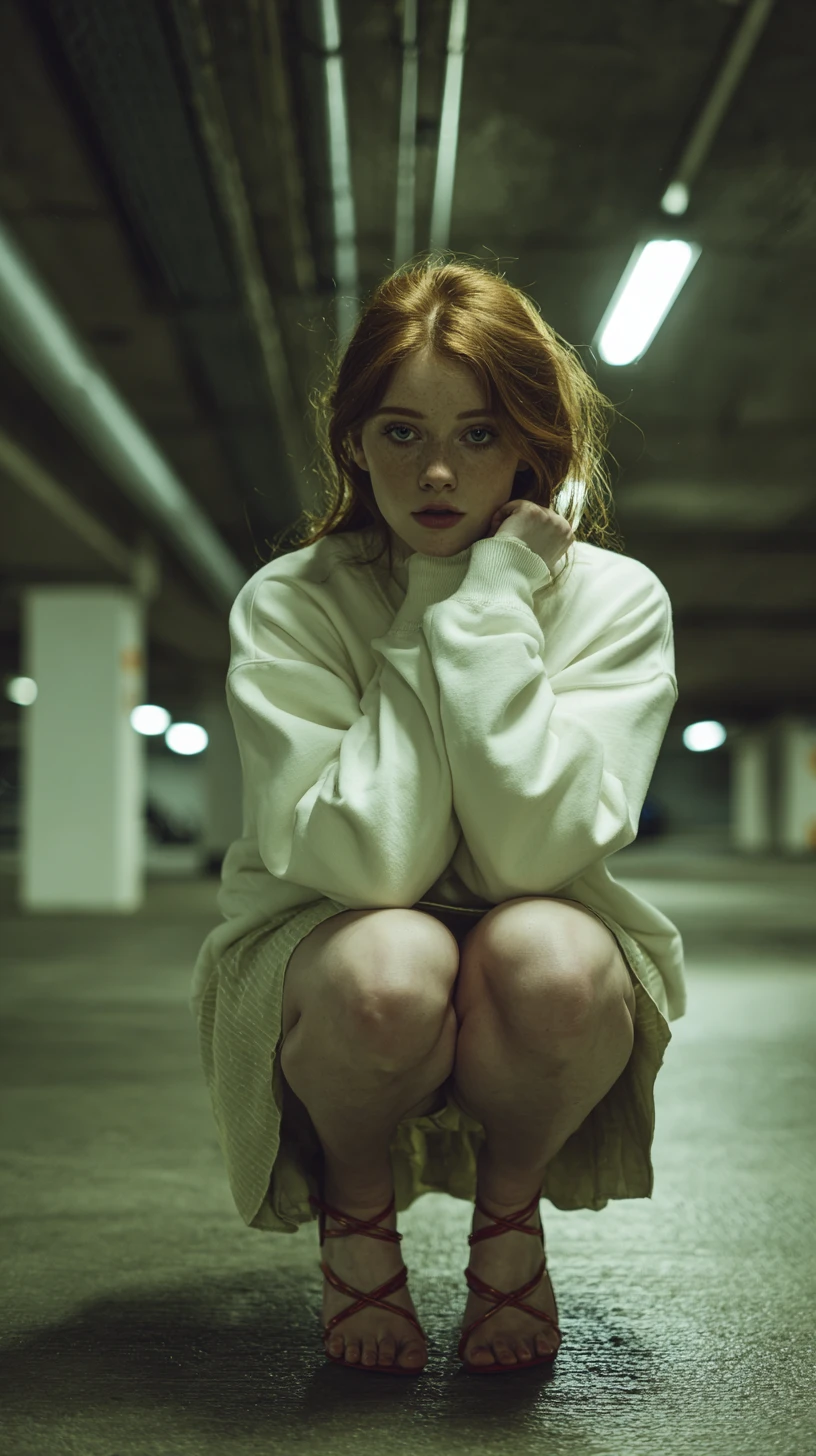 Red haired woman posing in a moody parking garage
