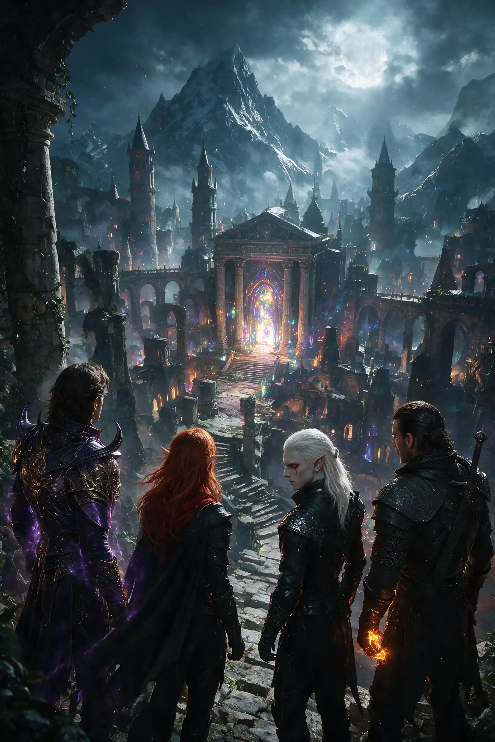 Adventurers Overlook A Magical City From A Rocky Cliff