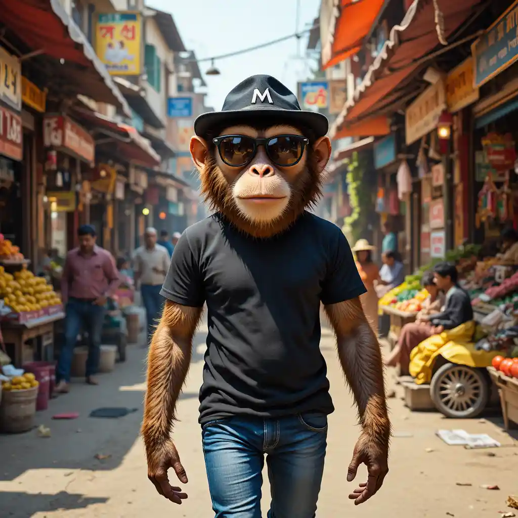 Anthropomorphic monkey walking through busy Indian street market