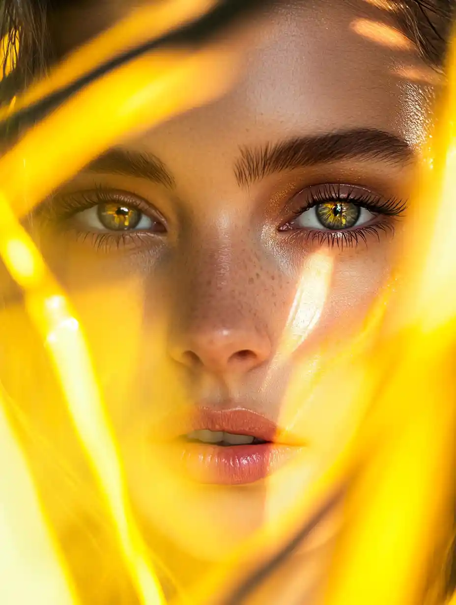 Surreal beauty portrait of a woman framed by yellow flames