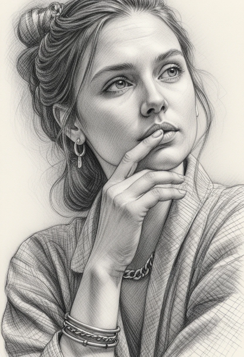 Retrato a tinta de chica pensativa con gesto reflexivo de la mano