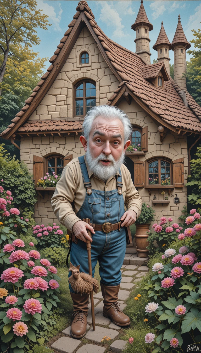 Whimsical dwarf gardener tending flowers in a surreal cottage yard