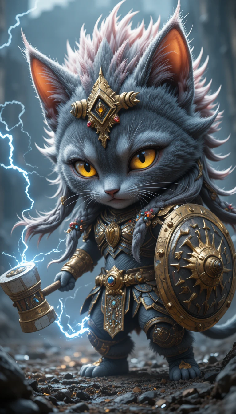 Fierce chibi cat warrior with hammer on stormy battlefield