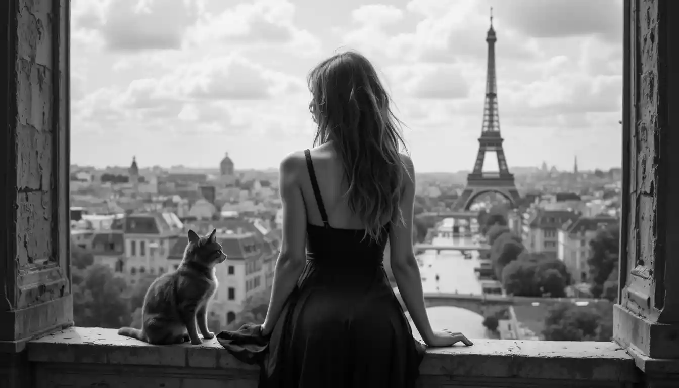 Close up of a sensual woman with cat and Paris skyline