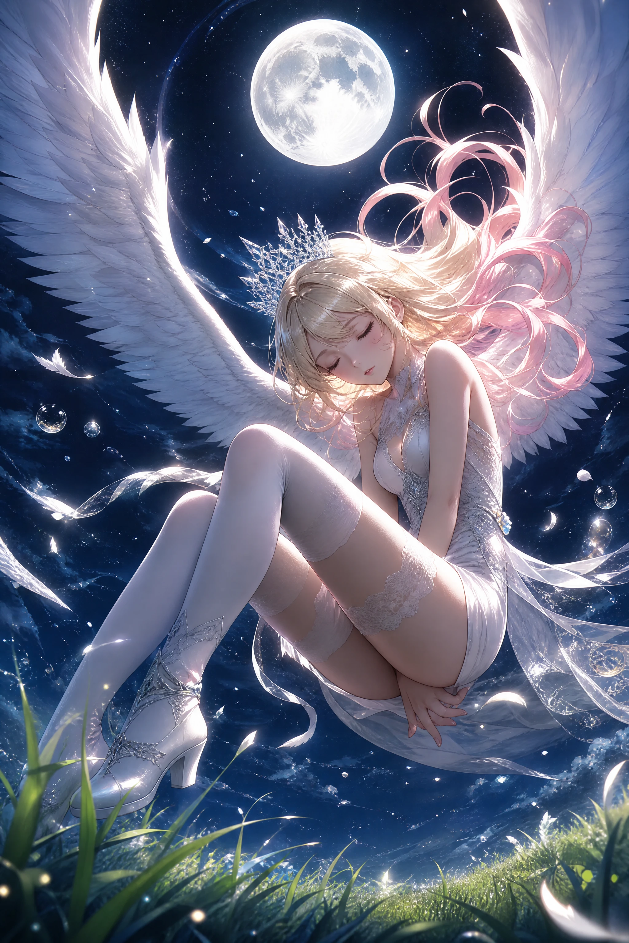 Angelic girl floating under a glowing full moon