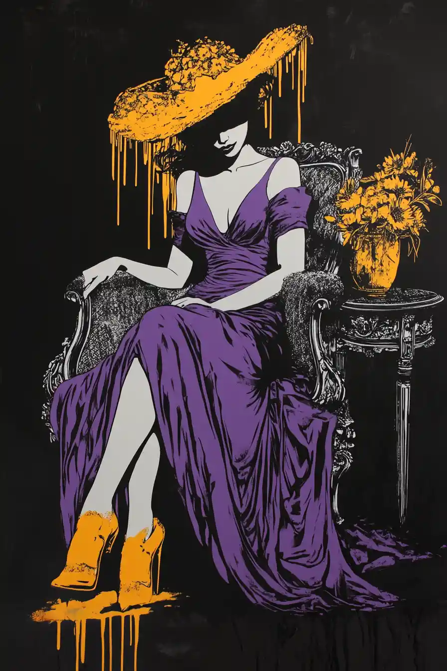 Elegant woman in violet gown on ornate chair