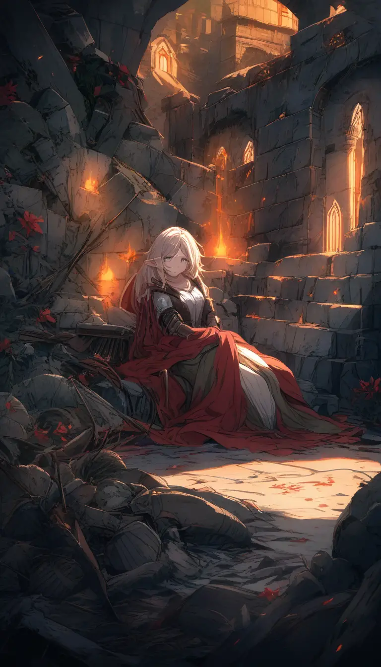 Elf warrior princess resting in ruined medieval corridors