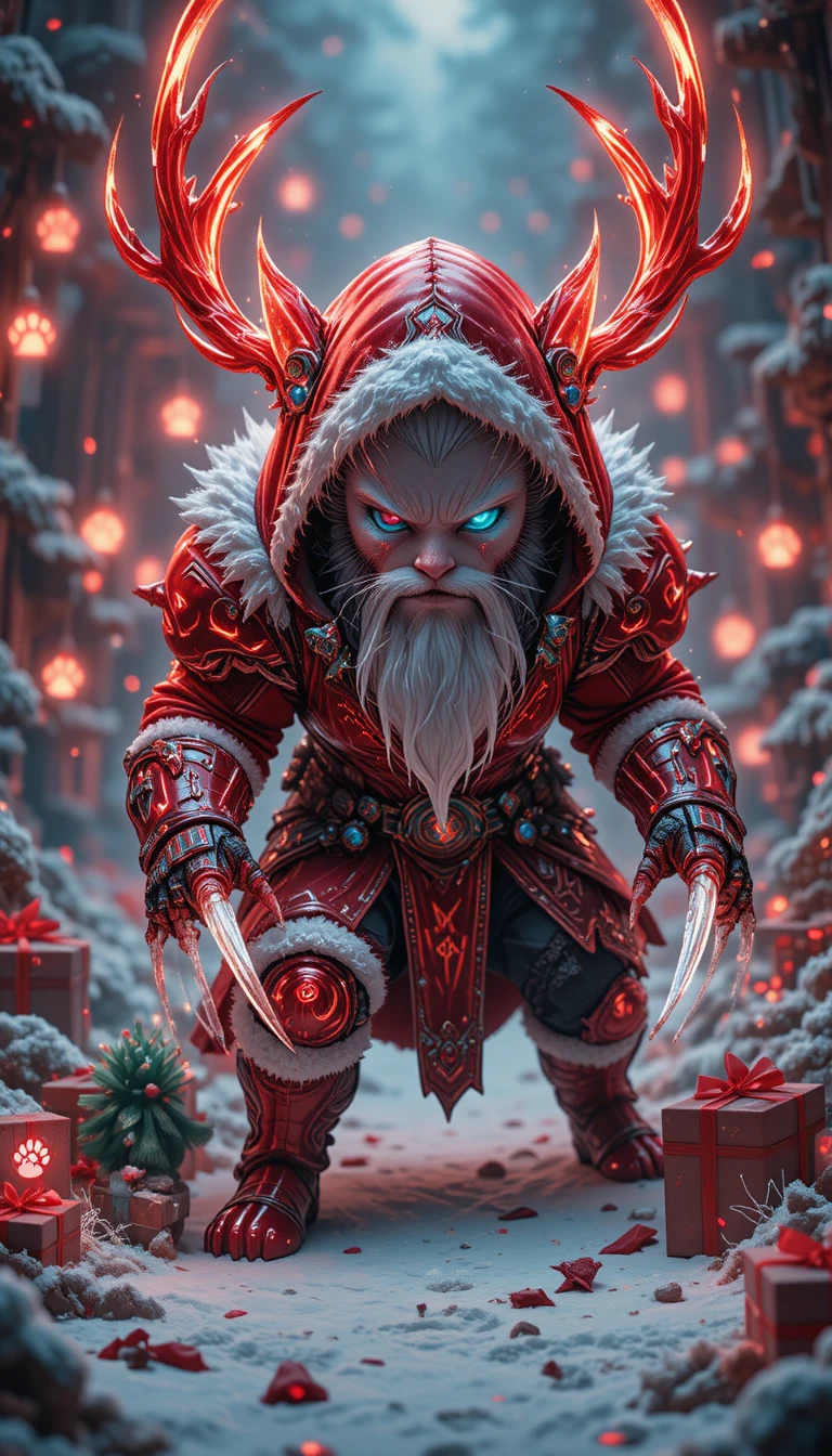 Crystal tabby cat warrior in red hood with glowing runes