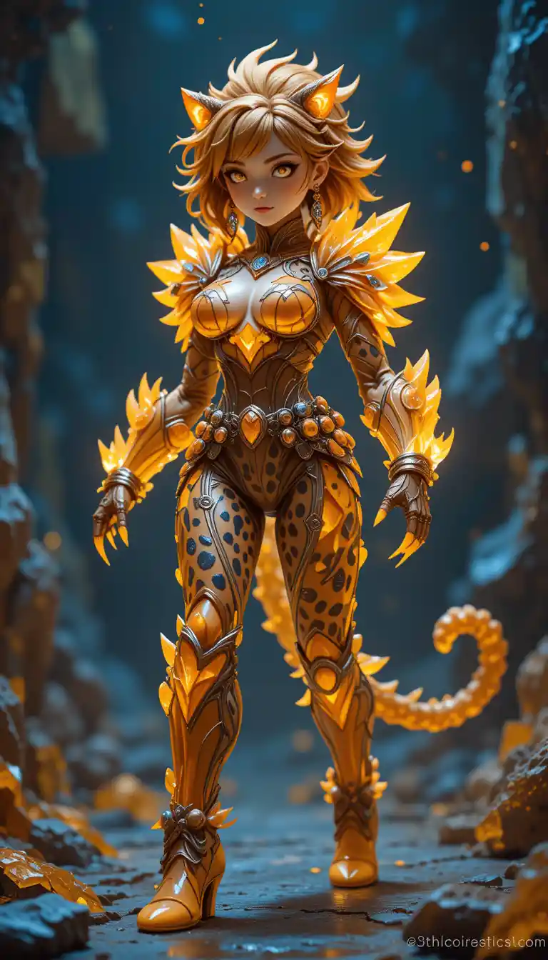 Leopard warrior woman with glowing crystal armor and braids
