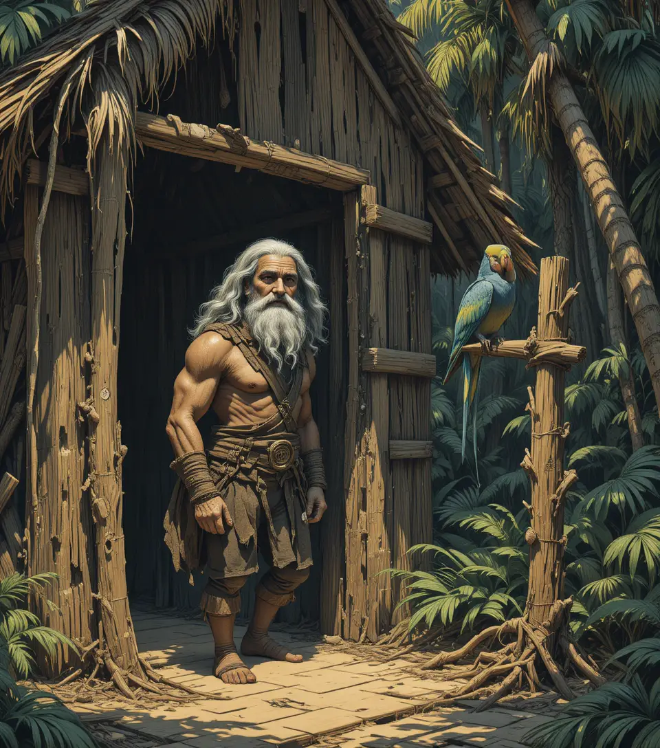 Aged pirate outside hut in shadowed coconut grove