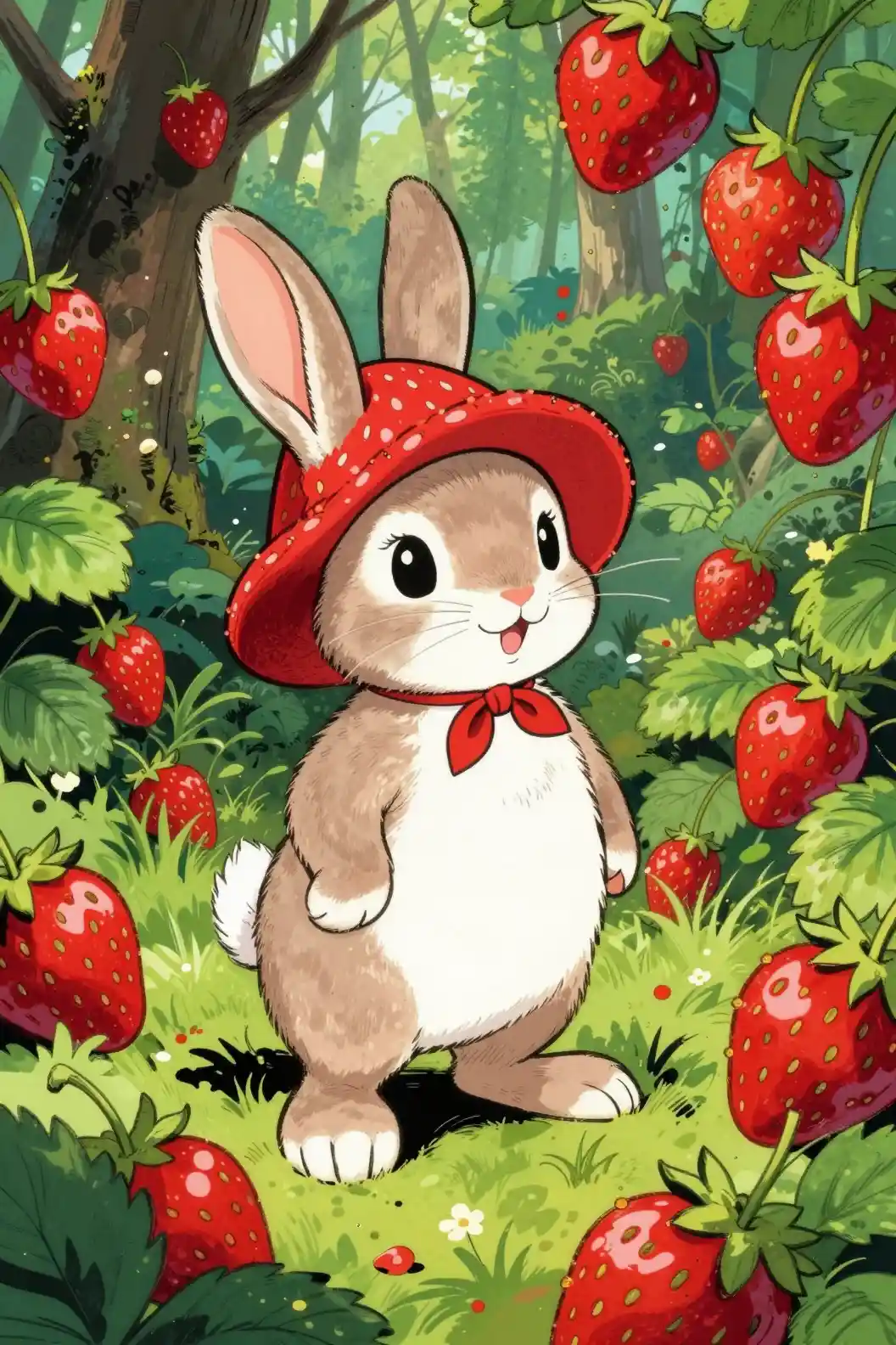 Playful rabbit in a strawberry hat in a lush forest