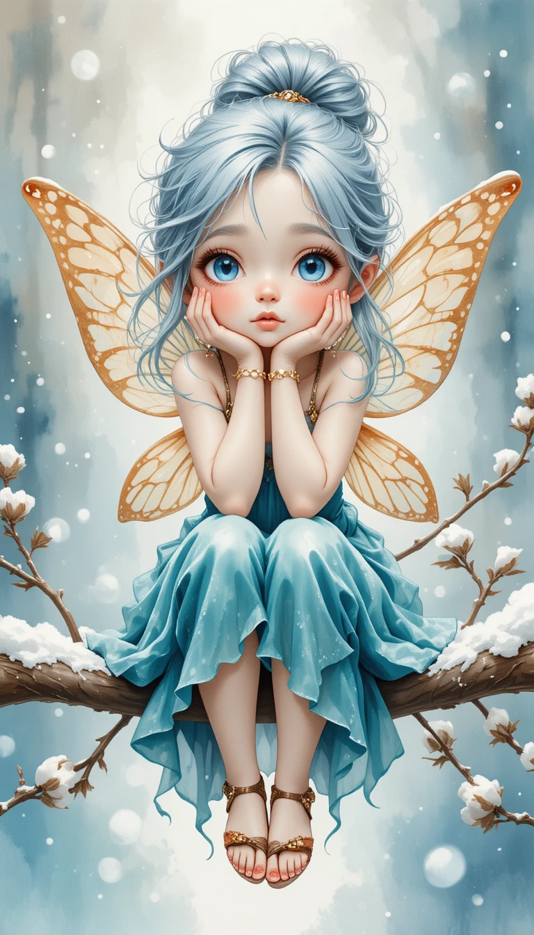 Dreamy winter fairy girl on a snowy tree branch