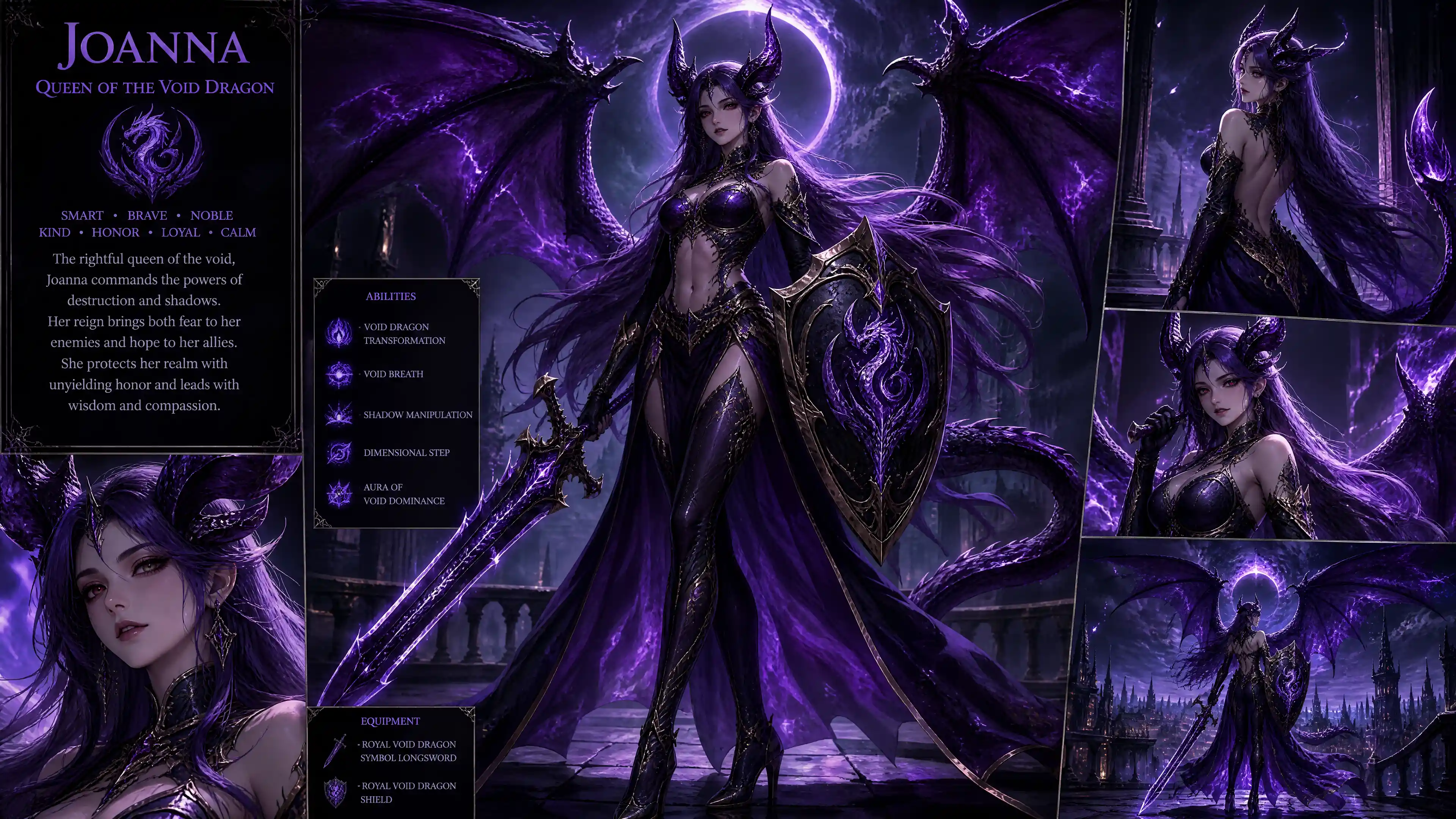 Void dragon queen with violet hair and regal armor