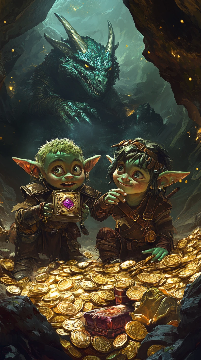 Goblin children sneaking across a treasure hoard