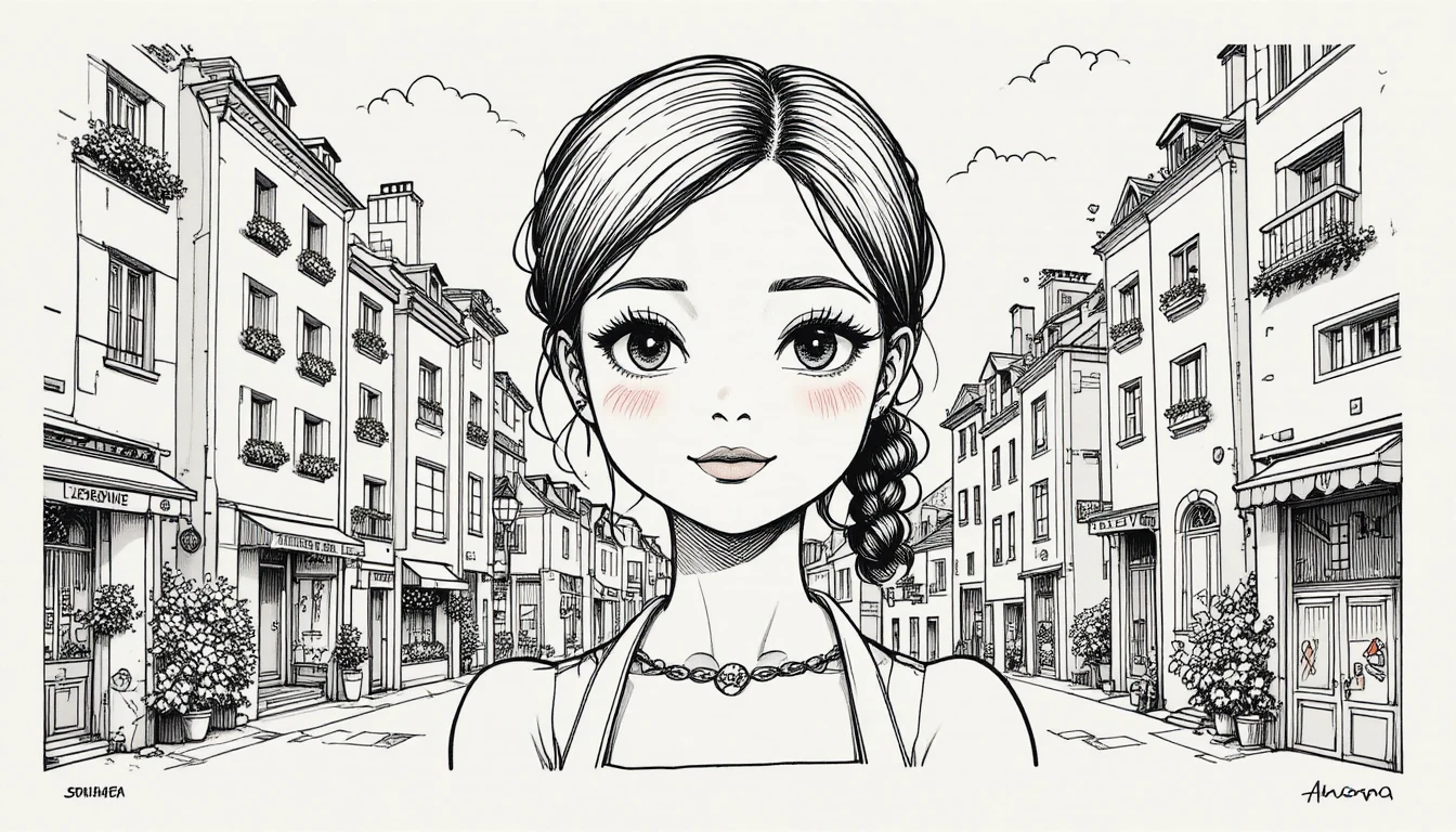 Portrait kawaii à l’encre d’une femme de ménage en ville