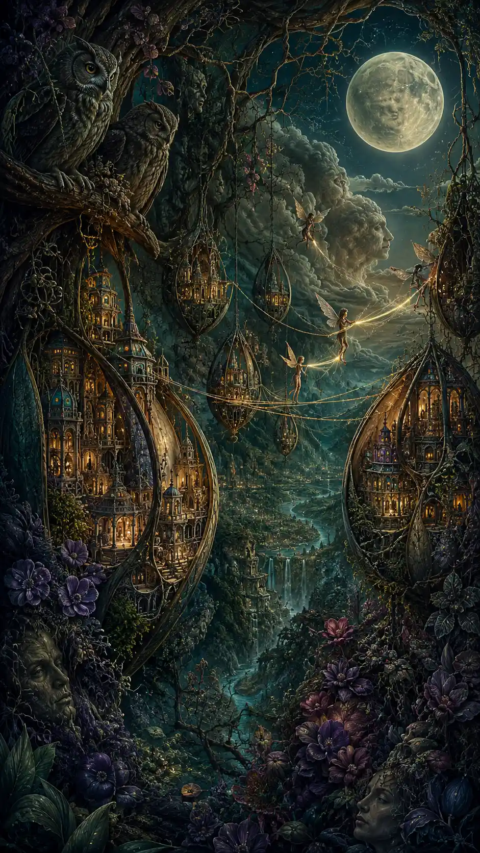 Fairy civilization within giant seed pods beneath moonlit roots